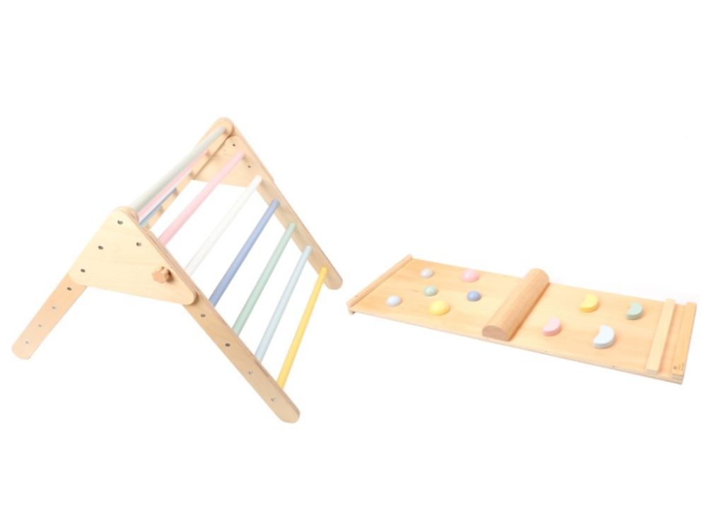 Pikler Dreieck Set mit Montessori Brett - Pastell | das Indoor Klettergerüst