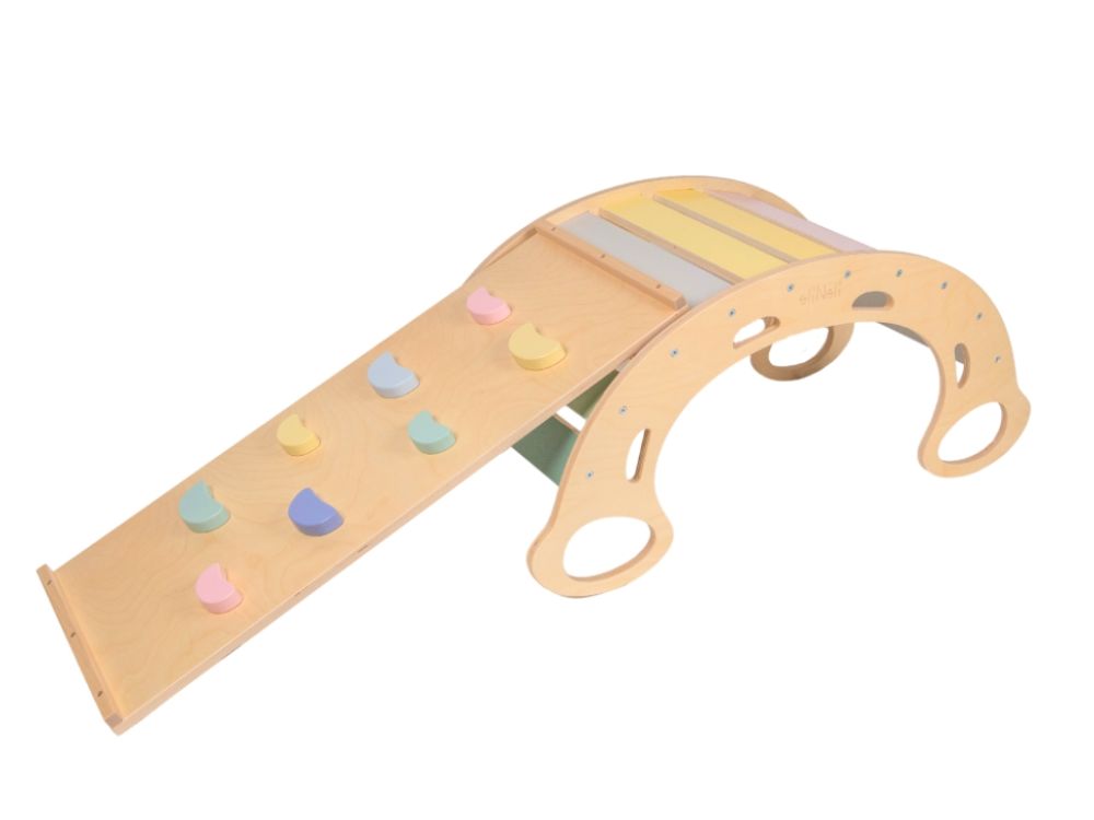 Montessori Kletterwippe PRO 5in1 – Set mit Brett 2in1 - Pastell | Bewegungsspielzeug aus Holz