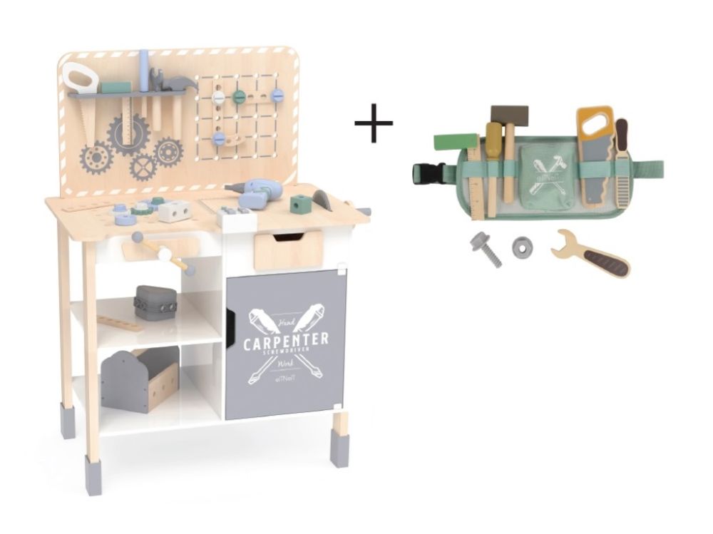 Große Kinderwerkbank aus Holz | Mit Werkzeug, erweitertem Zubehör und Werkzeuggürtel für kleine Handwerker
