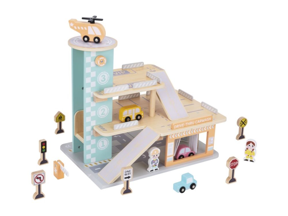 Parkhaus Garage mit Autowaschanlage | das Holzspielzeug-Set mit Zubehör