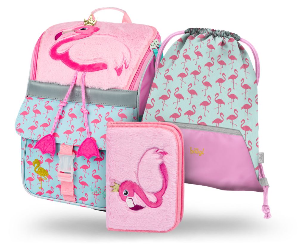 Baagl Schulranzen - Flamingo | Mädchen Set 3 Teilig, Schulranzen , Turnbeutel und Mäppchen