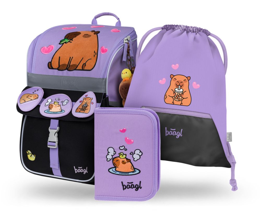 Baagl Schulranzen-Set Zippy Capybara | Set 3 Teilig, Schulranzen, Turnbeutel & Mäppchen