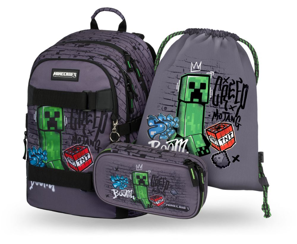 Baagl Schulranzen-Set - Minecraft TNT | Skate Set 3 Teilig, Schulranzen , Turnbeutel und Federmäppchen